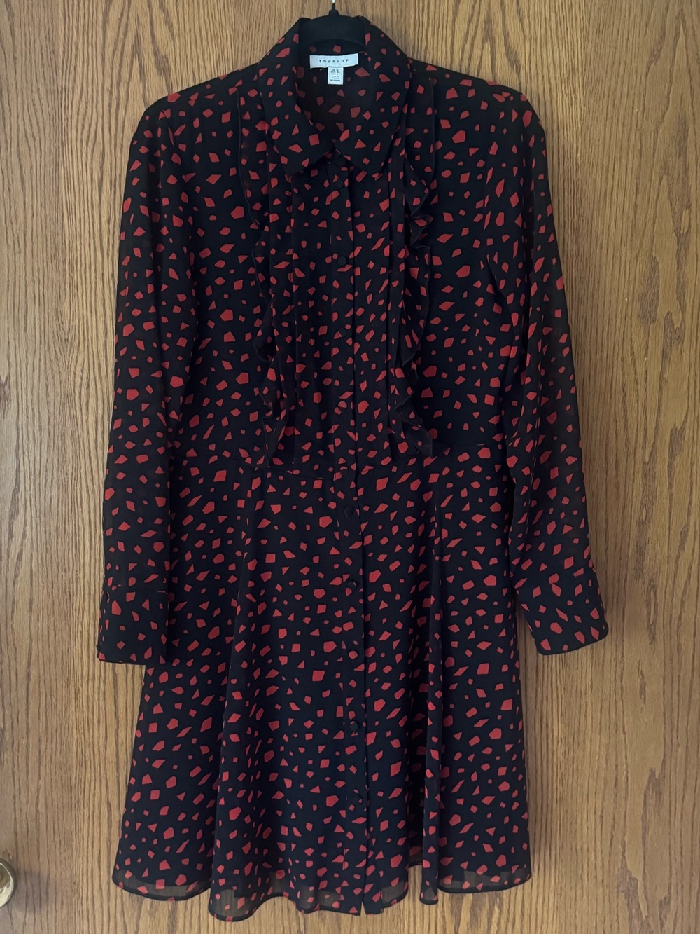 Topshop Black Red Geometric Ruffle Button Front Long Sleeve Mini Dress Size US 8
